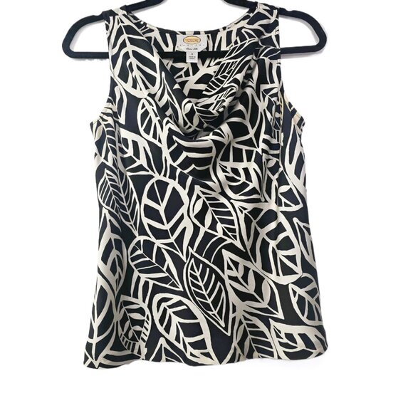 Talbots Vintage Pure Silk Cowl Neck Black White Leaf Print Sleeveless Blouse 6 - Picture 6 of 12